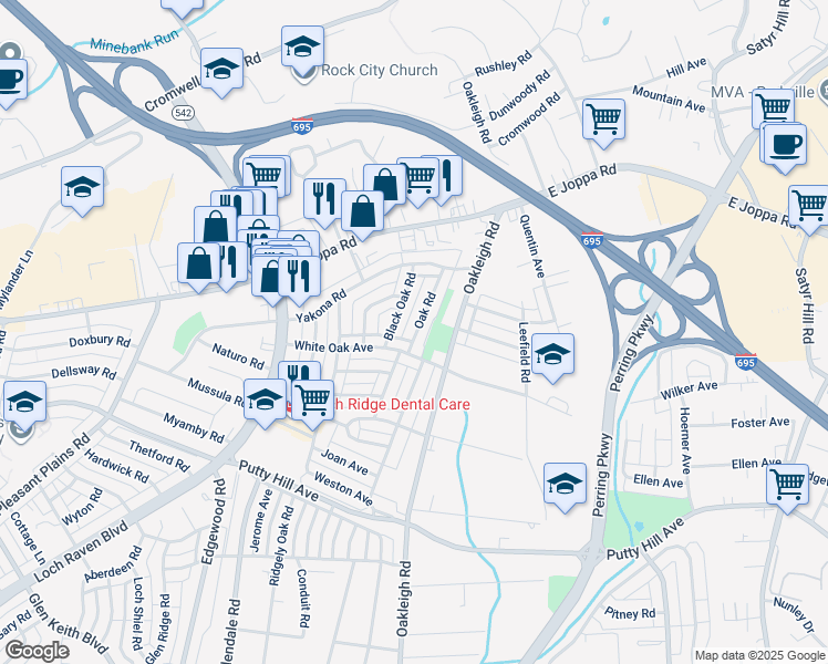 map of restaurants, bars, coffee shops, grocery stores, and more near 8624 Oak Road in Parkville