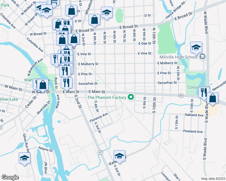 map of restaurants, bars, coffee shops, grocery stores, and more near 525-527 Sassafras Street in Millville