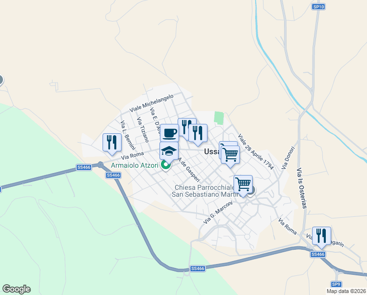map of restaurants, bars, coffee shops, grocery stores, and more near 8 Via Trento in Ussana