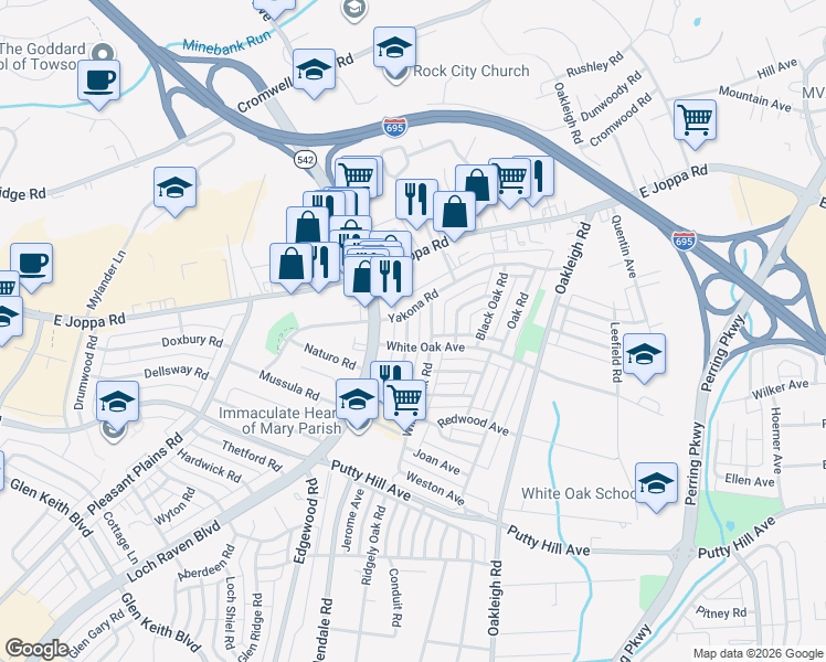 map of restaurants, bars, coffee shops, grocery stores, and more near 8611 Chestnut Oak Road in Parkville
