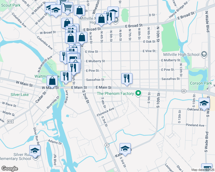 map of restaurants, bars, coffee shops, grocery stores, and more near 16 North 5th Street in Millville