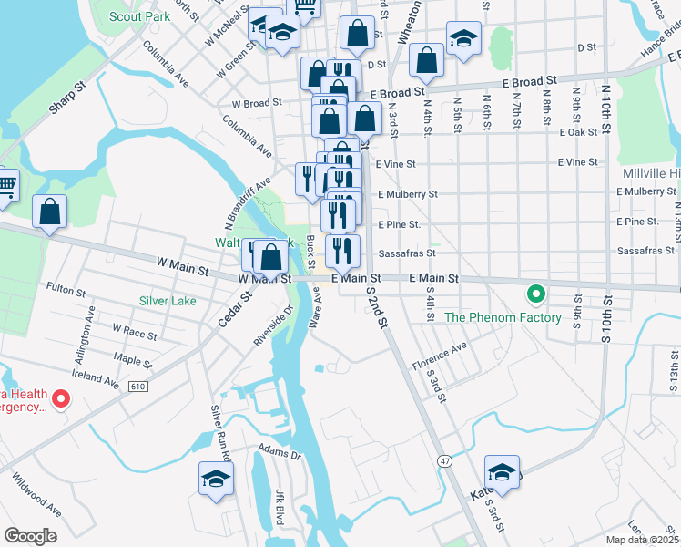 map of restaurants, bars, coffee shops, grocery stores, and more near 21 North High Street in Millville