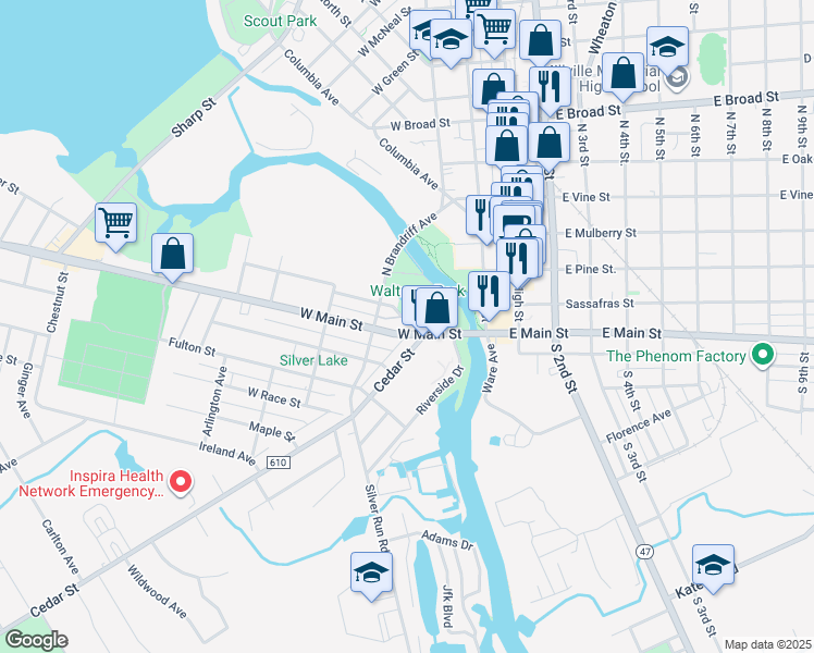map of restaurants, bars, coffee shops, grocery stores, and more near 15 North Brandriff Avenue in Millville