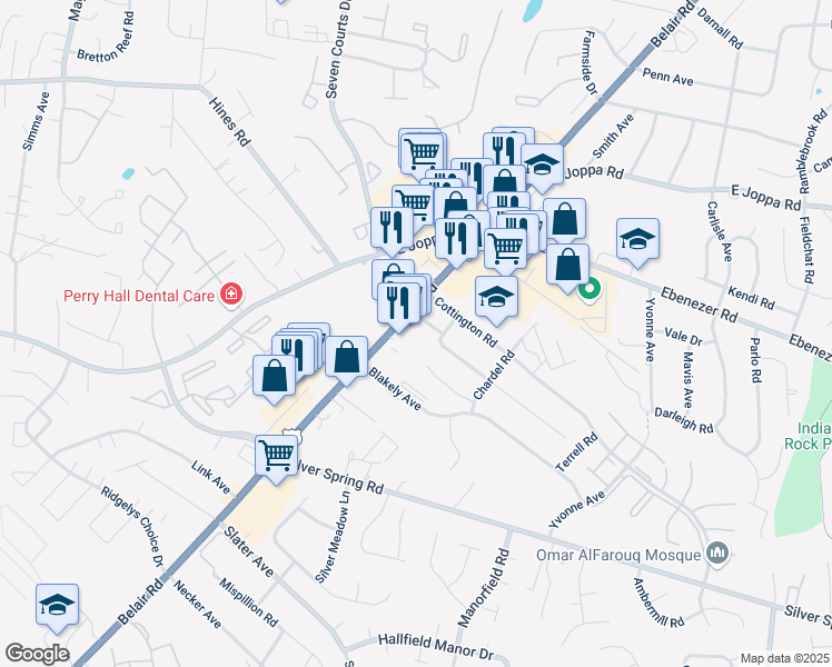 map of restaurants, bars, coffee shops, grocery stores, and more near 8843 Belair Road in Nottingham