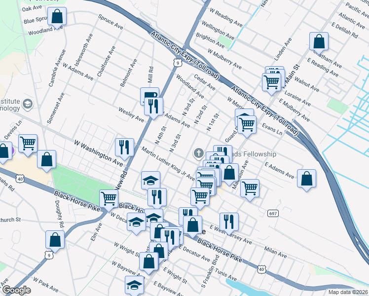 map of restaurants, bars, coffee shops, grocery stores, and more near 114 North 3rd Street in Pleasantville