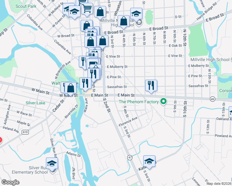map of restaurants, bars, coffee shops, grocery stores, and more near 16 North 3rd Street in Millville