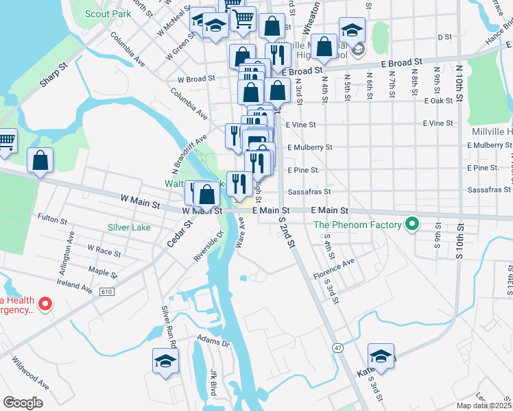 map of restaurants, bars, coffee shops, grocery stores, and more near 28 North High Street in Millville