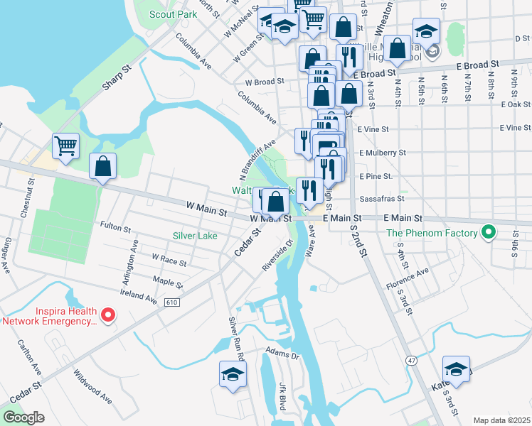 map of restaurants, bars, coffee shops, grocery stores, and more near 92 West Main Street in Millville