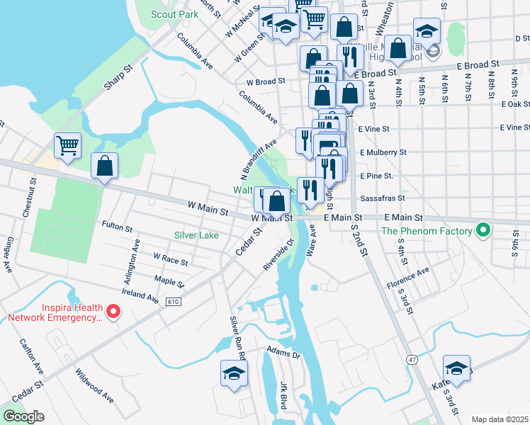 map of restaurants, bars, coffee shops, grocery stores, and more near 92 West Main Street in Millville