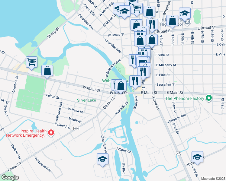 map of restaurants, bars, coffee shops, grocery stores, and more near 15 North Brandriff Avenue in Millville
