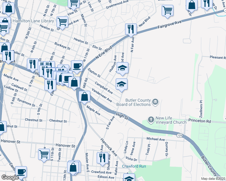 map of restaurants, bars, coffee shops, grocery stores, and more near 1327 Dayton Street in Hamilton