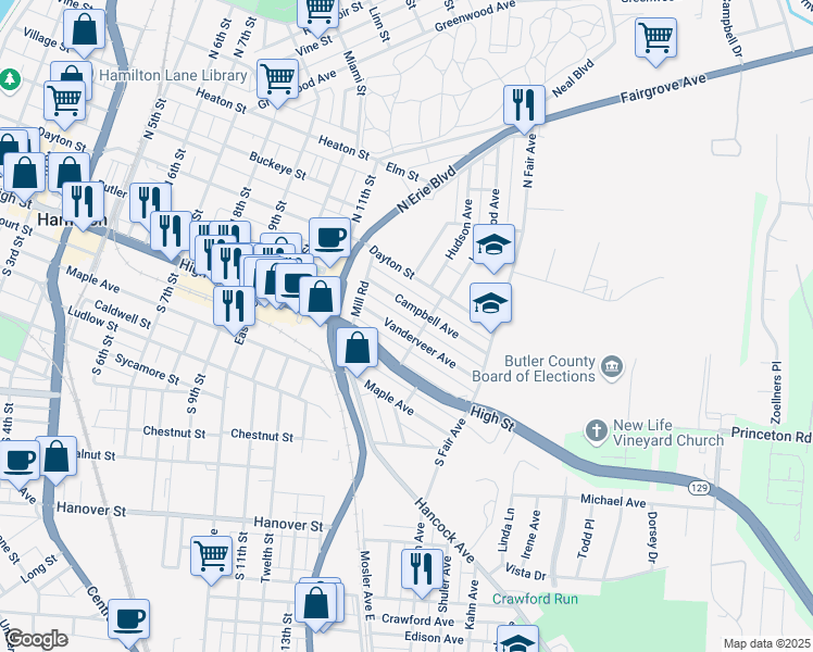 map of restaurants, bars, coffee shops, grocery stores, and more near 1230 Vanderveer Avenue in Hamilton