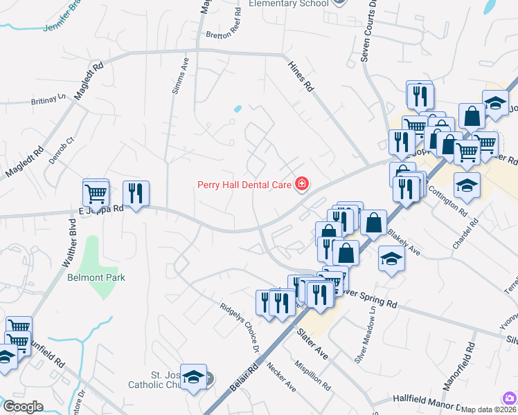 map of restaurants, bars, coffee shops, grocery stores, and more near 11 Springtowne Circle in Parkville