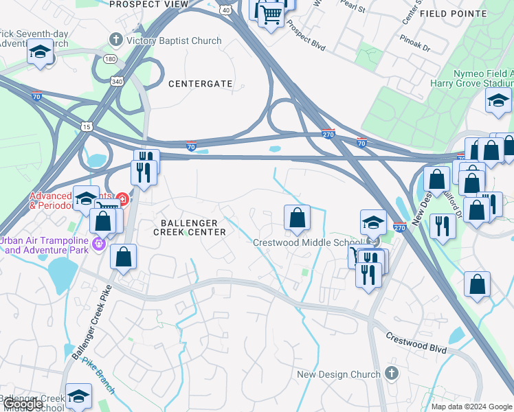 map of restaurants, bars, coffee shops, grocery stores, and more near 5798 Katsura Court in Frederick