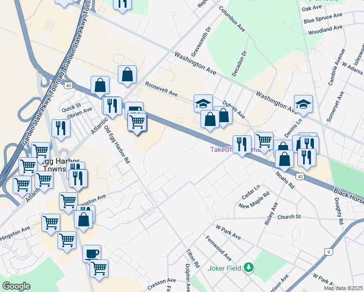 map of restaurants, bars, coffee shops, grocery stores, and more near 6817 Black Horse Pike in Egg Harbor Township