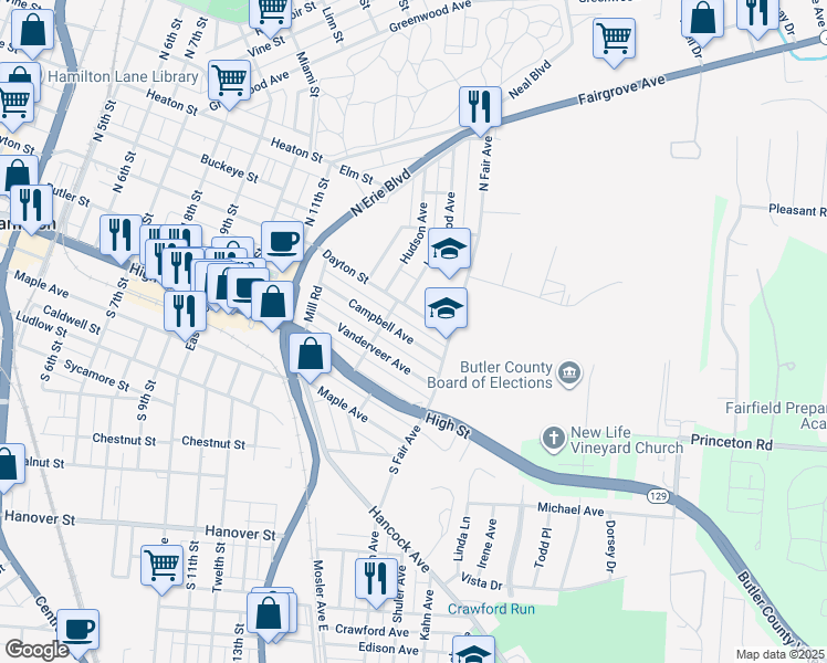map of restaurants, bars, coffee shops, grocery stores, and more near 1326 Campbell Avenue in Hamilton