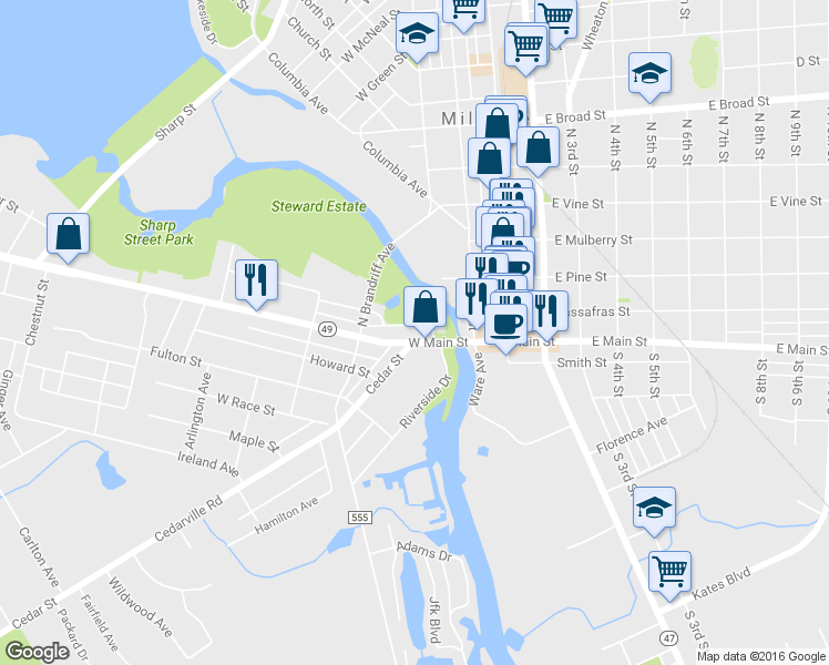 map of restaurants, bars, coffee shops, grocery stores, and more near 92 West Main Street in Millville