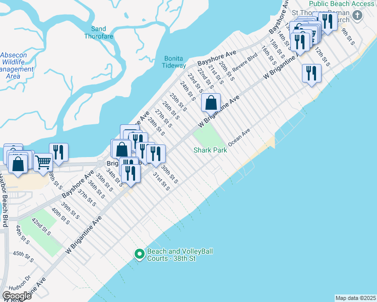 map of restaurants, bars, coffee shops, grocery stores, and more near 300 27th Street South in Brigantine