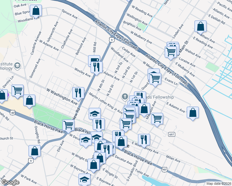 map of restaurants, bars, coffee shops, grocery stores, and more near 114 North 3rd Street in Pleasantville