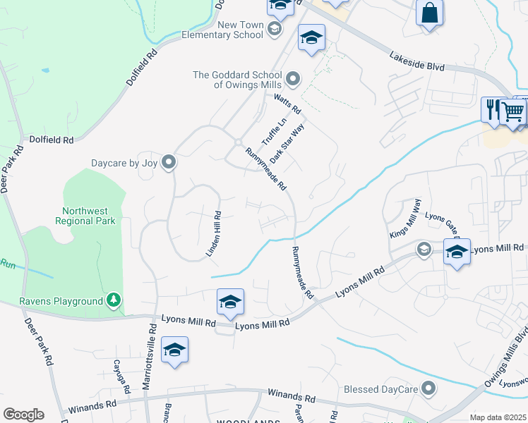 map of restaurants, bars, coffee shops, grocery stores, and more near 4811 Clairelee Drive in Owings Mills