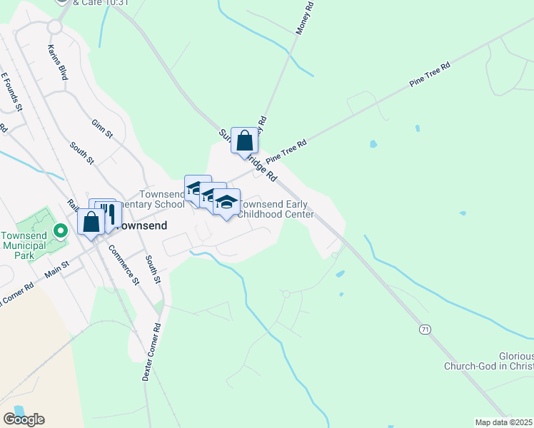 map of restaurants, bars, coffee shops, grocery stores, and more near 120 Green Meadow Court in Townsend