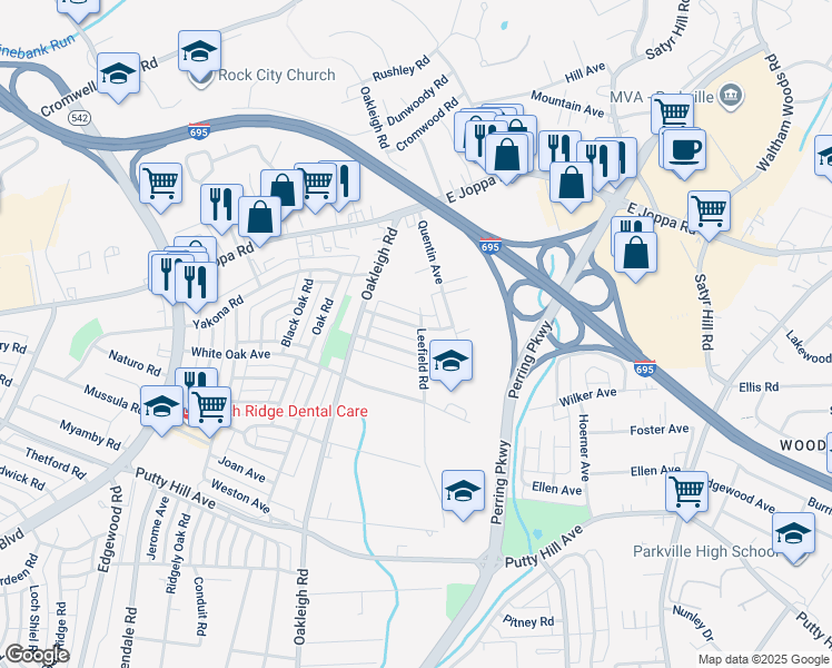 map of restaurants, bars, coffee shops, grocery stores, and more near 1841 Trenleigh Road in Parkville