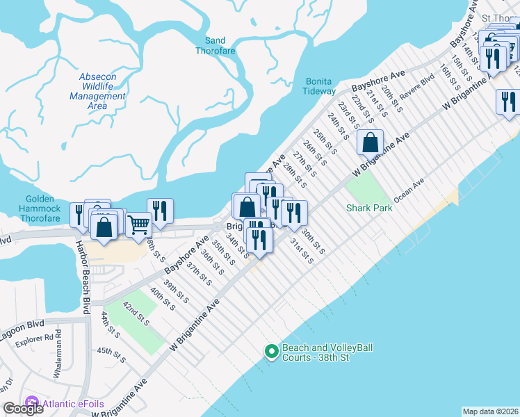 map of restaurants, bars, coffee shops, grocery stores, and more near 3005 Revere Boulevard in Brigantine