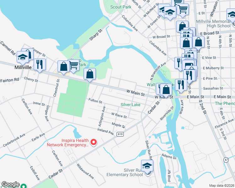 map of restaurants, bars, coffee shops, grocery stores, and more near 412 Howard Street in Millville