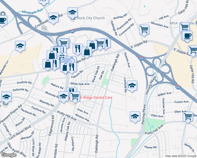 map of restaurants, bars, coffee shops, grocery stores, and more near 8624 Oak Road in Parkville
