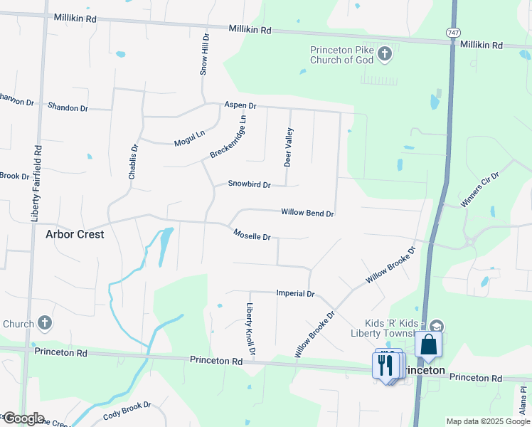 map of restaurants, bars, coffee shops, grocery stores, and more near 6431 Willow Bend Drive in Butler County