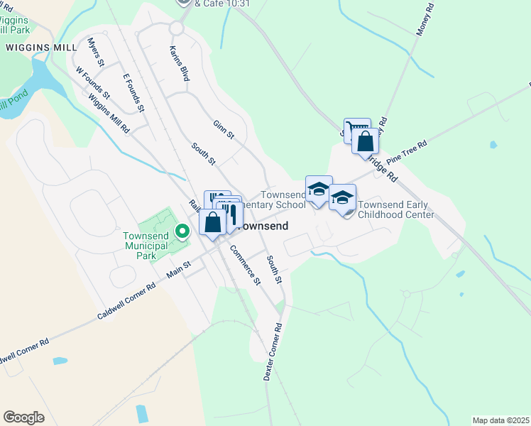 map of restaurants, bars, coffee shops, grocery stores, and more near 203 Main Street in Townsend