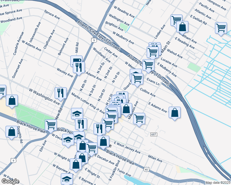 map of restaurants, bars, coffee shops, grocery stores, and more near 43 West Adams Avenue in Pleasantville
