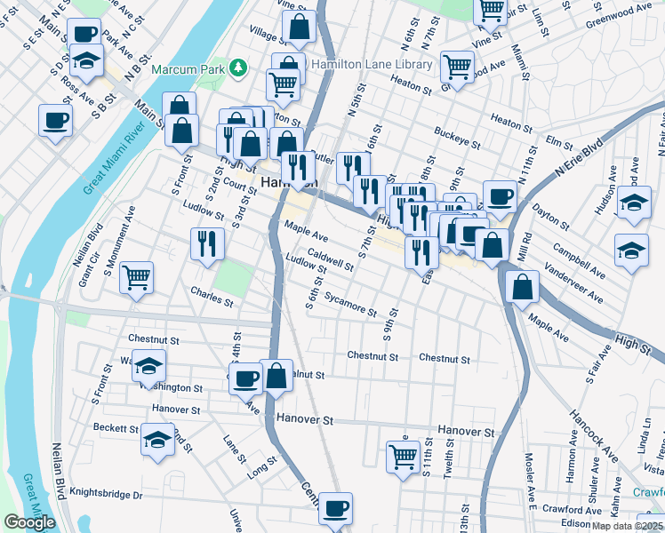 map of restaurants, bars, coffee shops, grocery stores, and more near 616 Caldwell Street in Hamilton