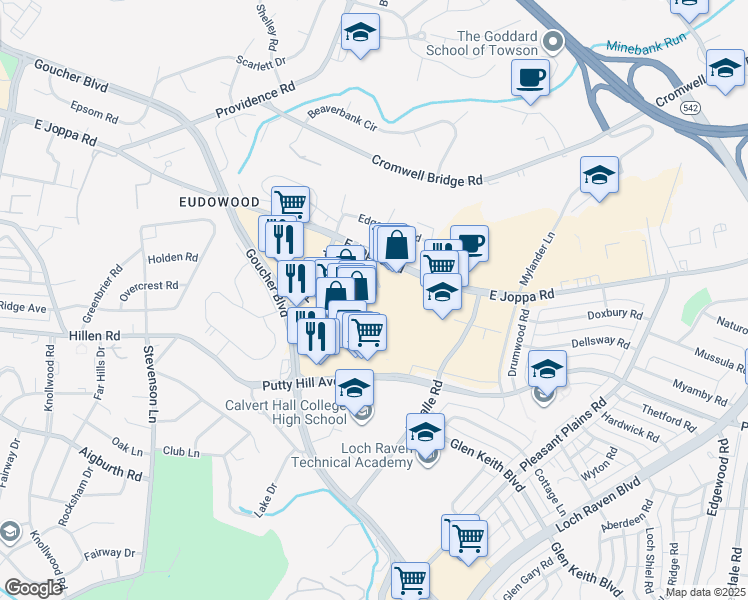 map of restaurants, bars, coffee shops, grocery stores, and more near 803 Goucher Boulevard in Towson