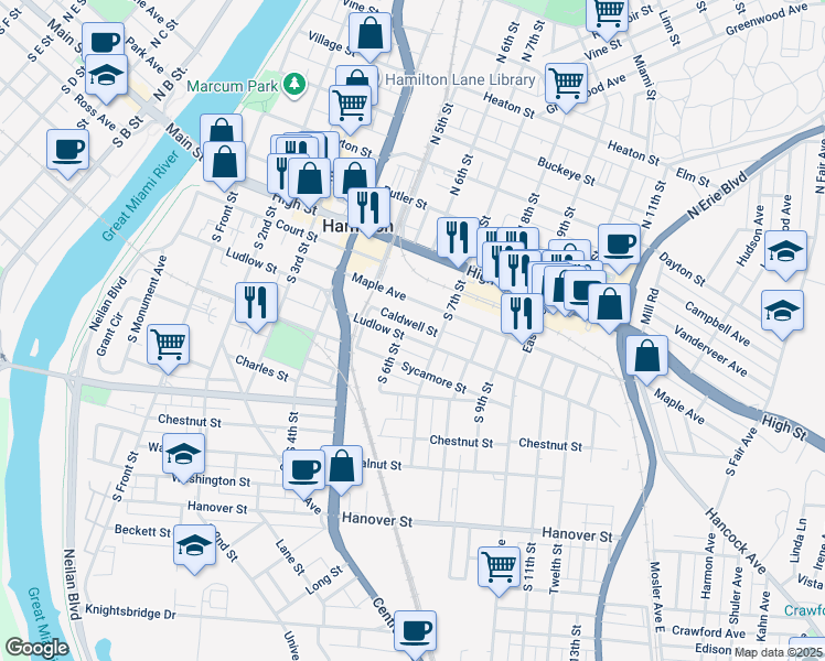 map of restaurants, bars, coffee shops, grocery stores, and more near 616 Caldwell Street in Hamilton