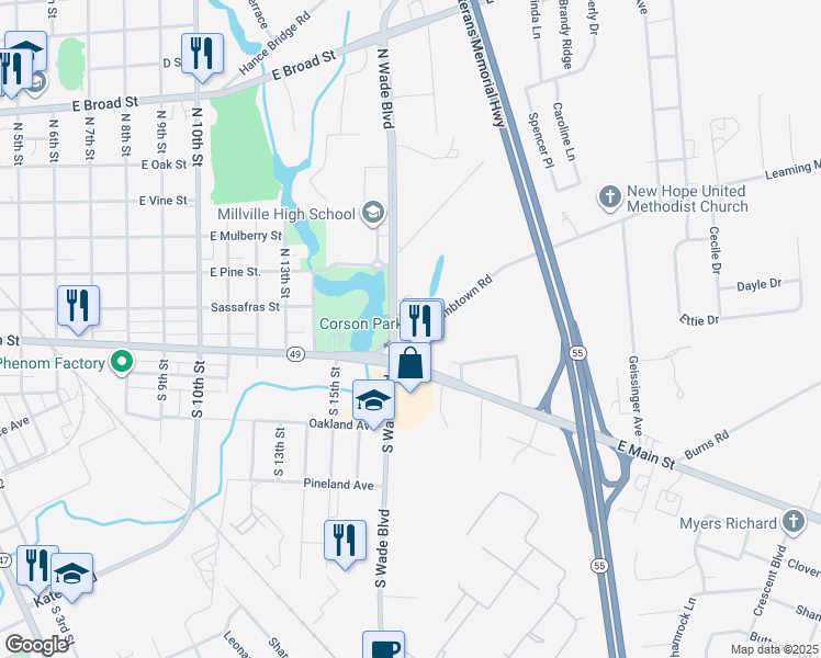 map of restaurants, bars, coffee shops, grocery stores, and more near 2 Newcombtown Road in Millville