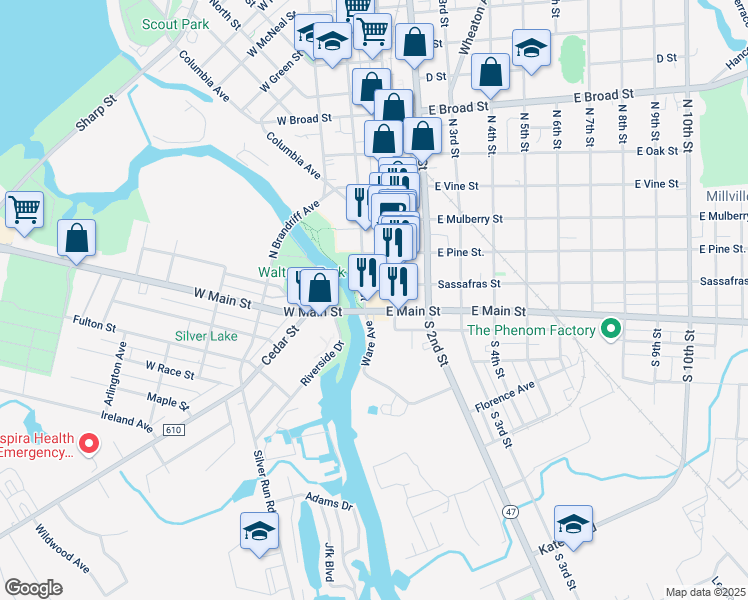 map of restaurants, bars, coffee shops, grocery stores, and more near 28 North High Street in Millville