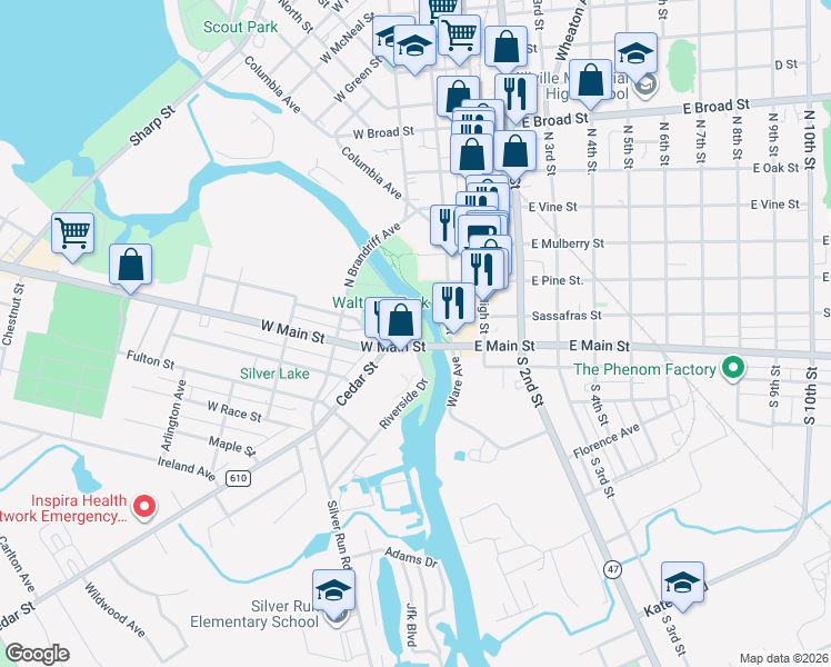 map of restaurants, bars, coffee shops, grocery stores, and more near 4 City Park Drive in Millville