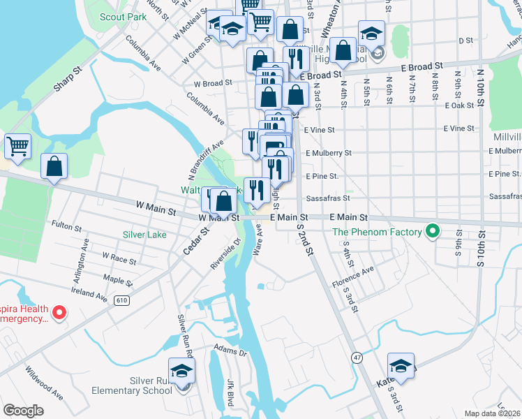 map of restaurants, bars, coffee shops, grocery stores, and more near 28 North High Street in Millville