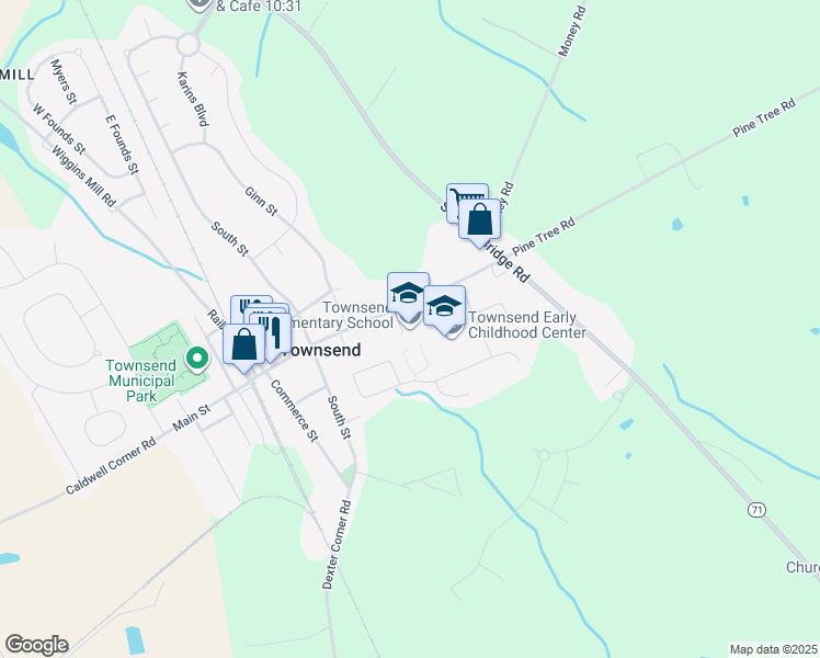 map of restaurants, bars, coffee shops, grocery stores, and more near 126 Main Street in Townsend
