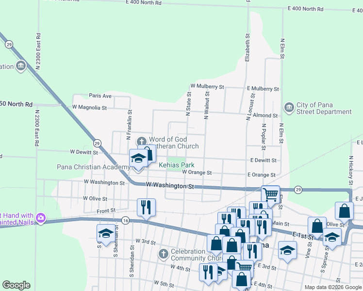 map of restaurants, bars, coffee shops, grocery stores, and more near 412 North State Street in Pana