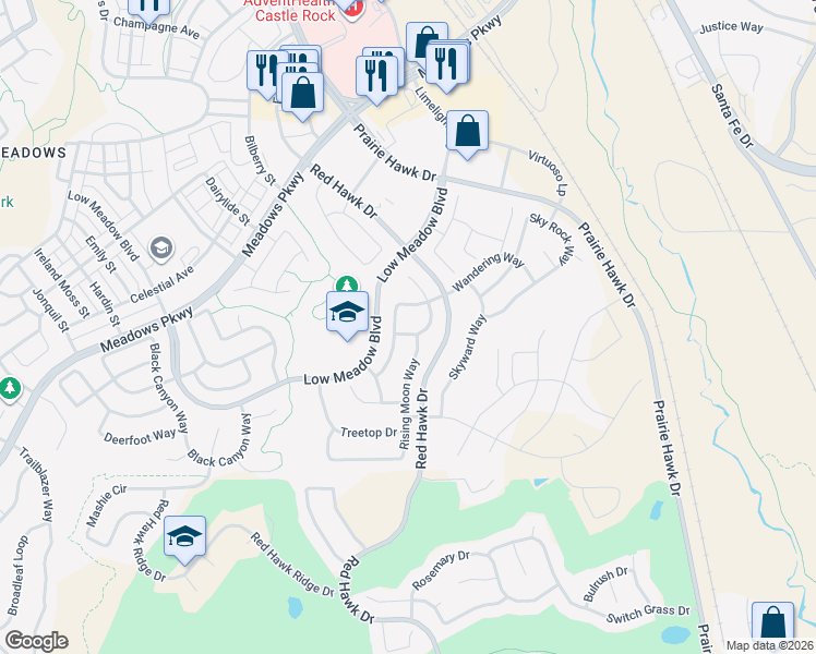 map of restaurants, bars, coffee shops, grocery stores, and more near 3191 Riverwood Way in Castle Rock