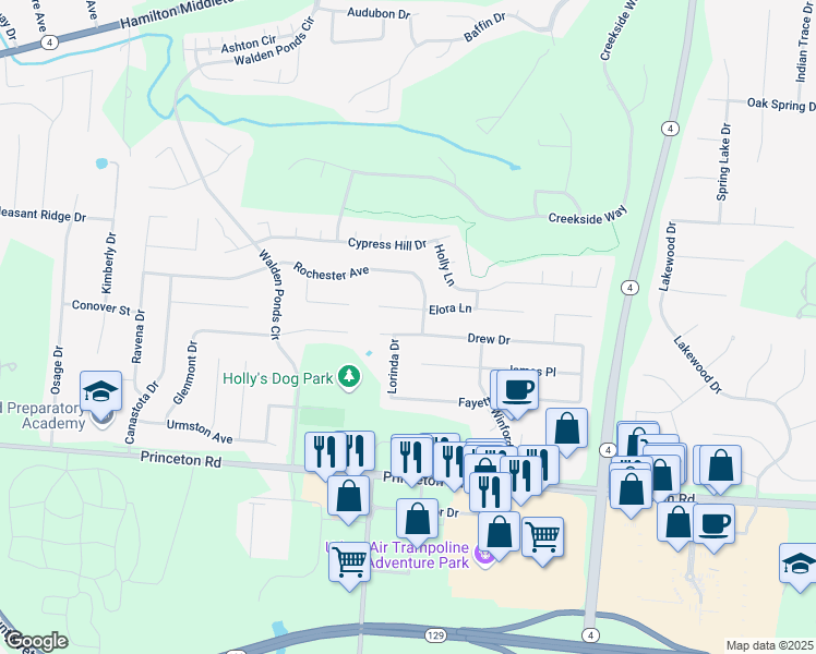 map of restaurants, bars, coffee shops, grocery stores, and more near 3074 Drew Drive in Hamilton