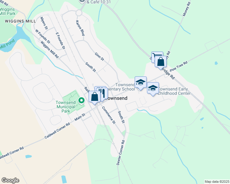 map of restaurants, bars, coffee shops, grocery stores, and more near 203 Main Street in Townsend
