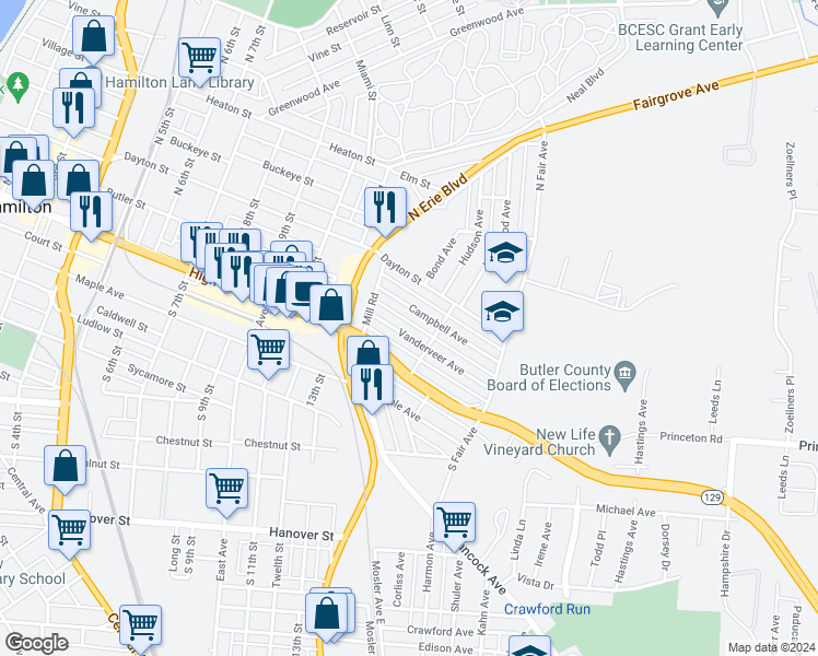 map of restaurants, bars, coffee shops, grocery stores, and more near 1234 Vanderveer Avenue in Hamilton