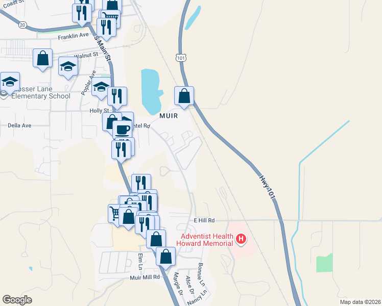 map of restaurants, bars, coffee shops, grocery stores, and more near 1475 Baechtel Road in Willits