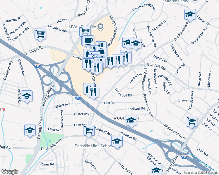 map of restaurants, bars, coffee shops, grocery stores, and more near 8730 Old Harford Road in Parkville