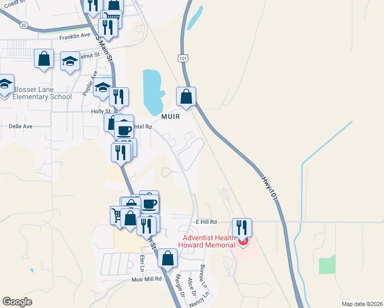map of restaurants, bars, coffee shops, grocery stores, and more near 1475 Baechtel Road in Willits