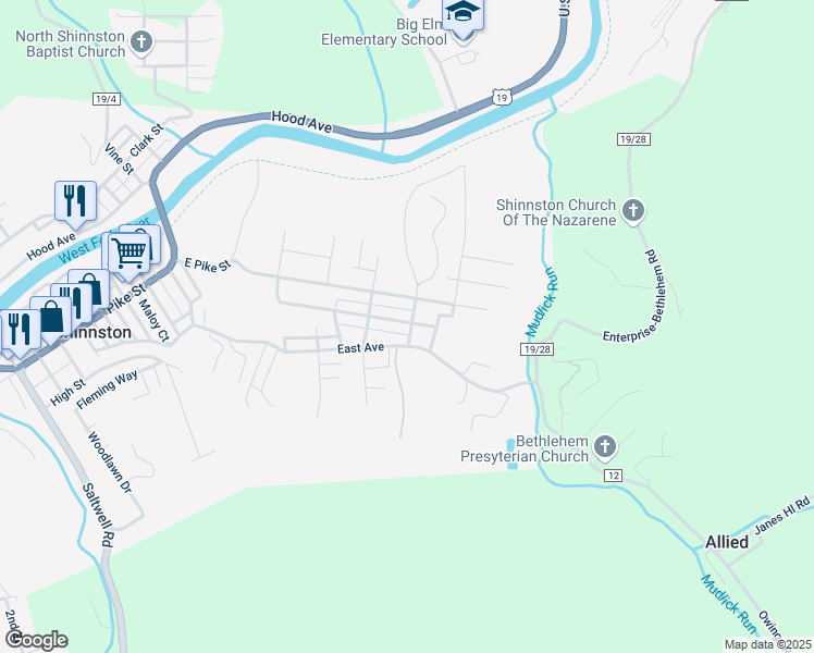 map of restaurants, bars, coffee shops, grocery stores, and more near 1123 Stewart Street in Shinnston