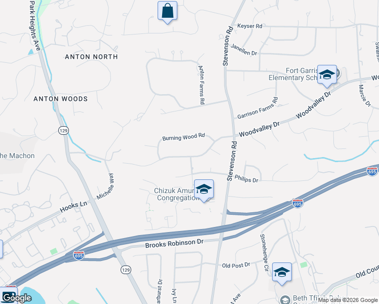 map of restaurants, bars, coffee shops, grocery stores, and more near 3600 Woodvalley Drive in Pikesville
